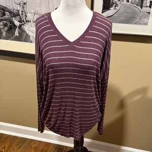 CAbi Long Sleeve V-Neck Top - Plum and Gray Striped Serenity Tee